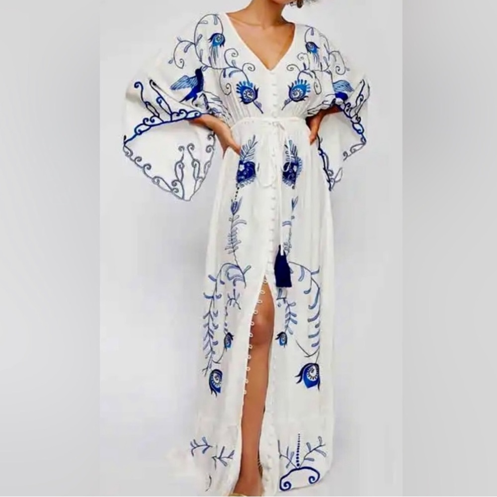 5 Star ⭐️ Favorite Boho Embroidered Blu Hearts Magic Kimono Blue Bird Maxi Dress